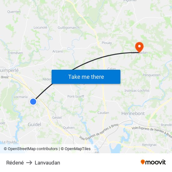 Rédené to Lanvaudan map