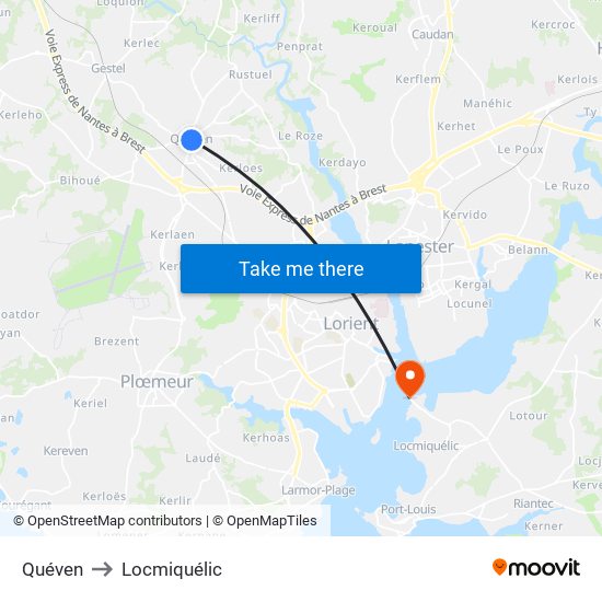 Quéven to Locmiquélic map