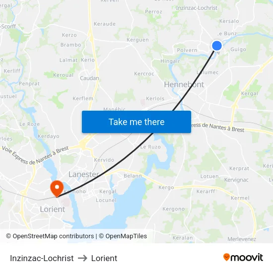 Inzinzac-Lochrist to Lorient map