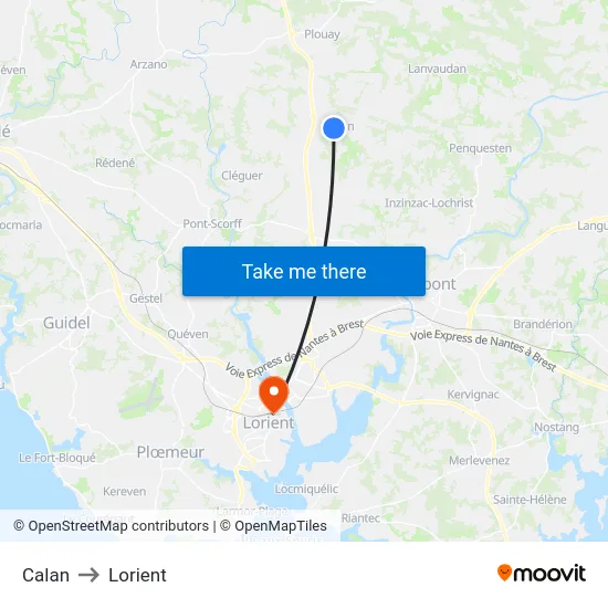 Calan to Lorient map