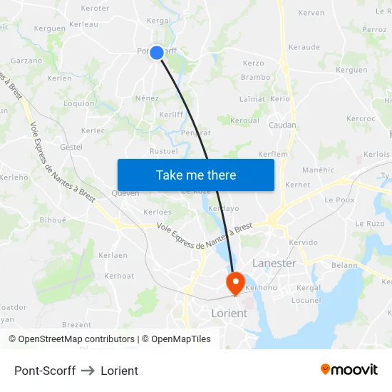 Pont-Scorff to Lorient map