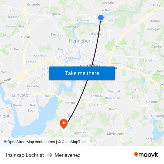 Inzinzac-Lochrist to Merlevenez map