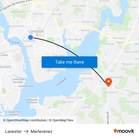 Lanester to Merlevenez map