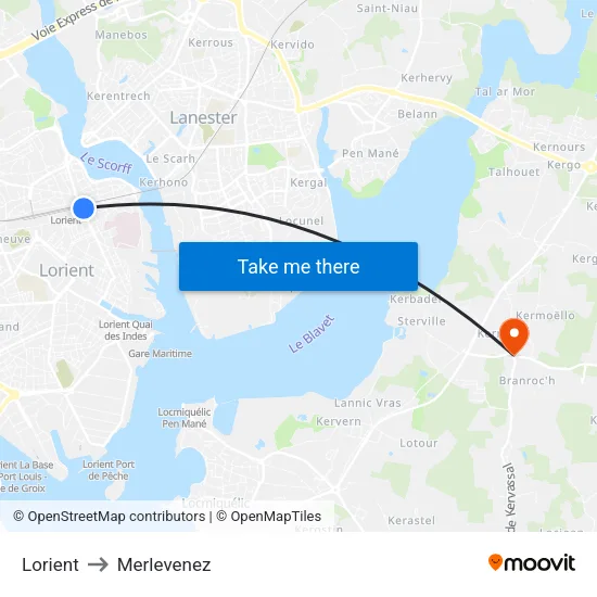 Lorient to Merlevenez map