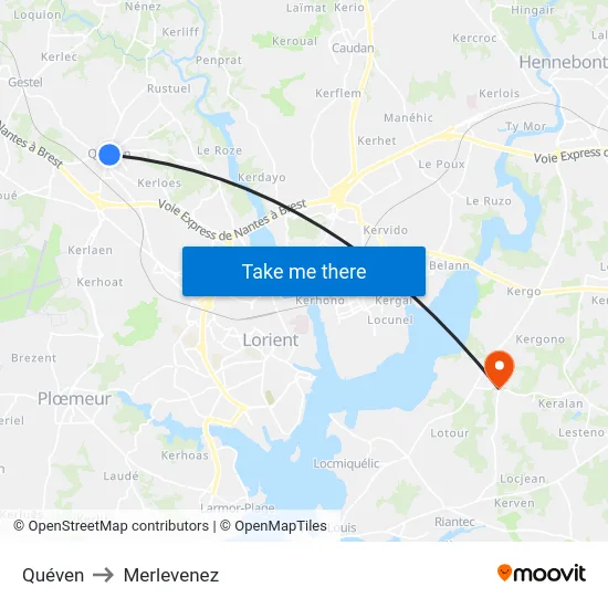 Quéven to Merlevenez map