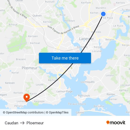Caudan to Ploemeur map