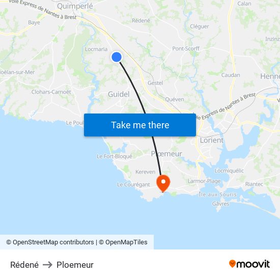 Rédené to Ploemeur map