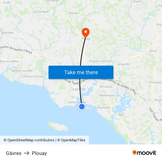 Gâvres to Plouay map