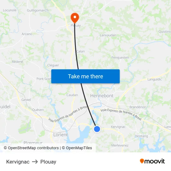 Kervignac to Plouay map