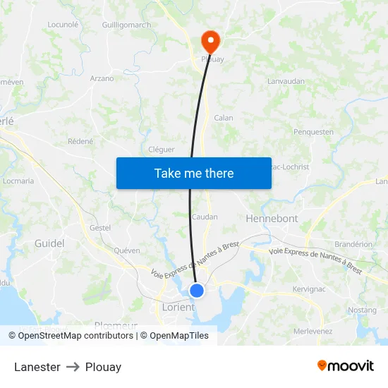 Lanester to Plouay map