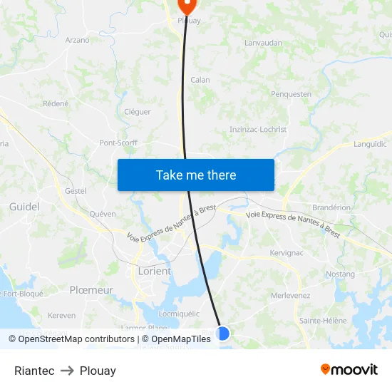Riantec to Plouay map