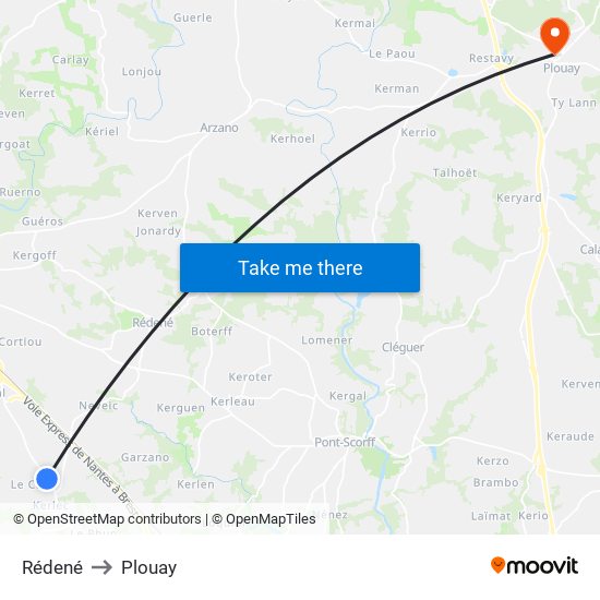 Rédené to Plouay map