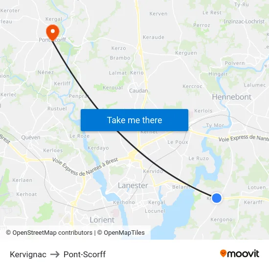 Kervignac to Pont-Scorff map