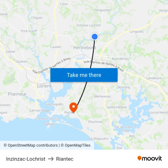 Inzinzac-Lochrist to Riantec map