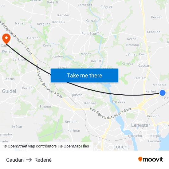 Caudan to Rédené map