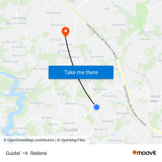 Guidel to Rédené map
