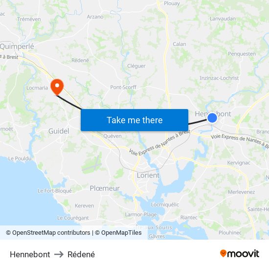 Hennebont to Rédené map