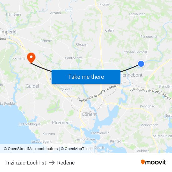 Inzinzac-Lochrist to Rédené map