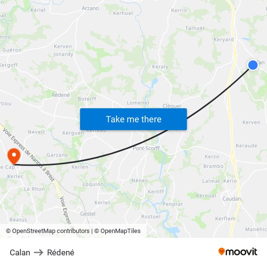 Calan to Rédené map
