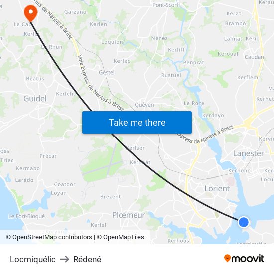 Locmiquélic to Rédené map