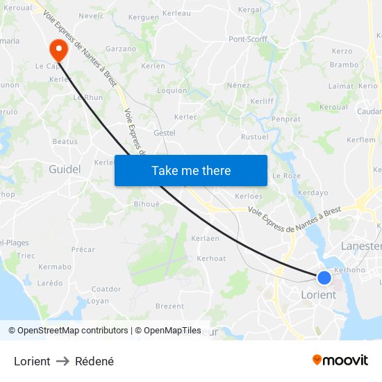 Lorient to Rédené map