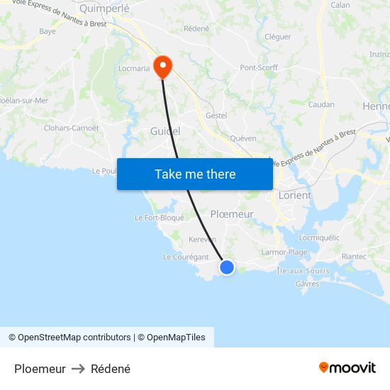 Ploemeur to Rédené map