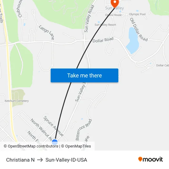 Christiana N to Sun-Valley-ID-USA map