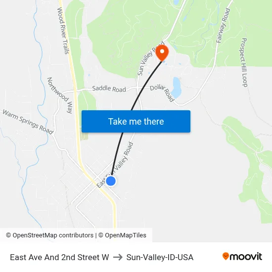 East Ave And 2nd Street W to Sun-Valley-ID-USA map
