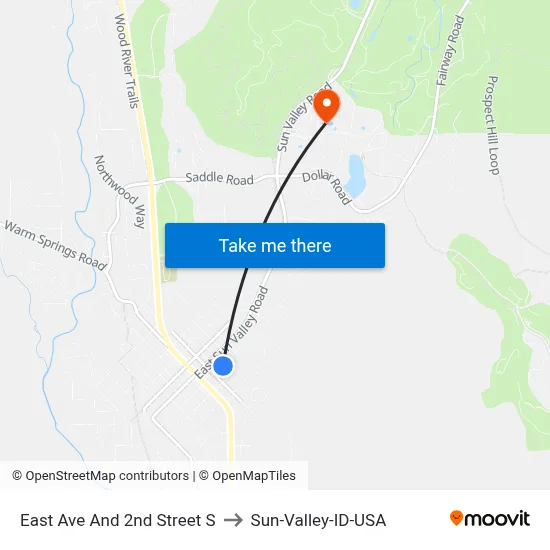 East Ave And 2nd Street S to Sun-Valley-ID-USA map