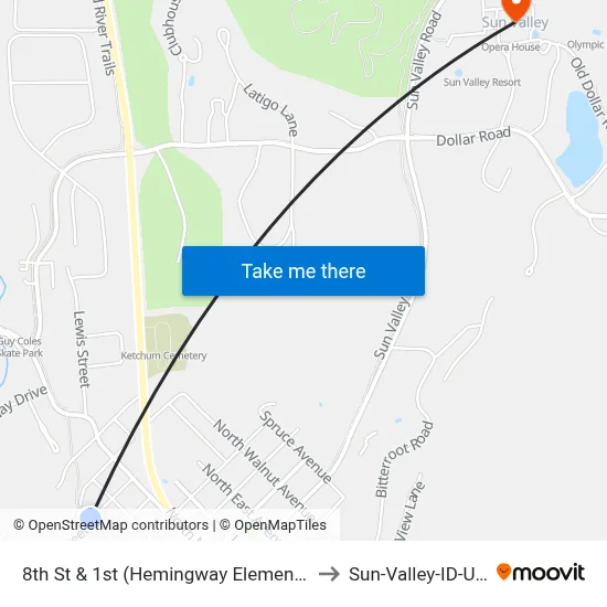 8th St & 1st (Hemingway Elementary) to Sun-Valley-ID-USA map