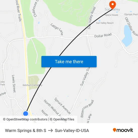 Warm Springs & 8th S to Sun-Valley-ID-USA map