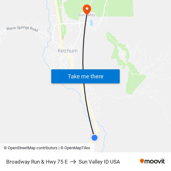 Broadway Run & Hwy 75 E to Sun Valley ID USA map
