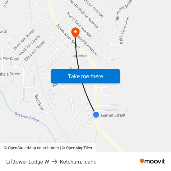 Lifttower Lodge W to Ketchum, Idaho map