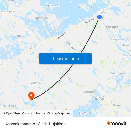 Korvenkannantie 18 to Hujakkala map