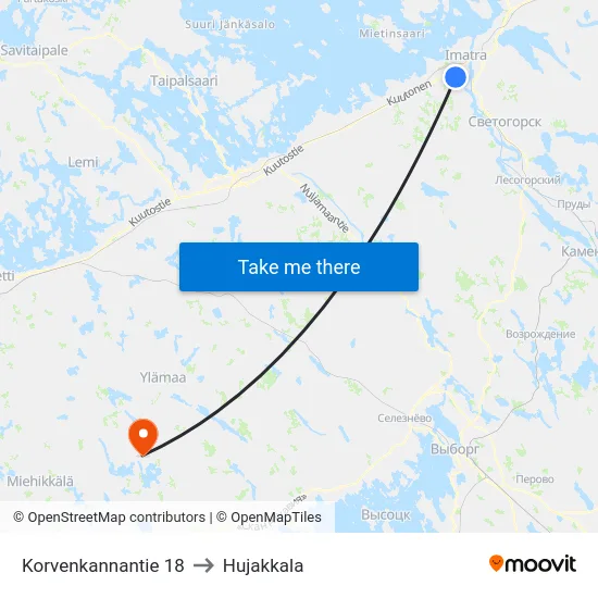 Korvenkannantie 18 to Hujakkala map
