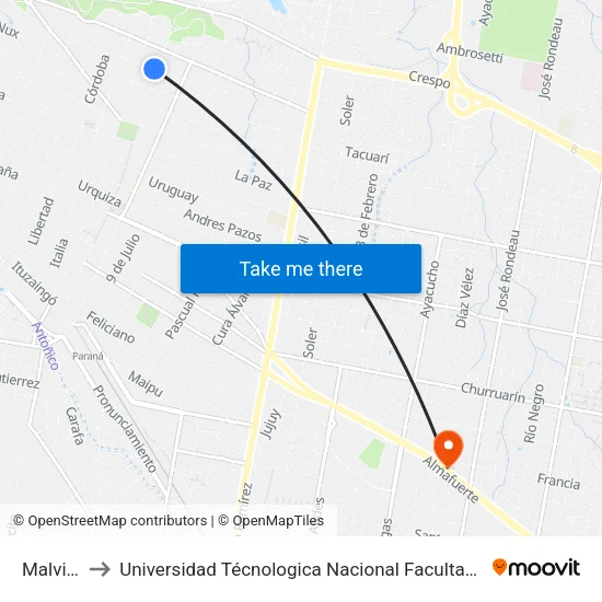 Malvinas, 1 to Universidad Técnologica Nacional Facultad Regional Paraná (Utn Frp) map