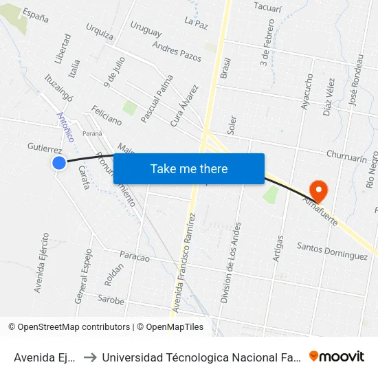 Avenida Ejercito, 1625 to Universidad Técnologica Nacional Facultad Regional Paraná (Utn Frp) map