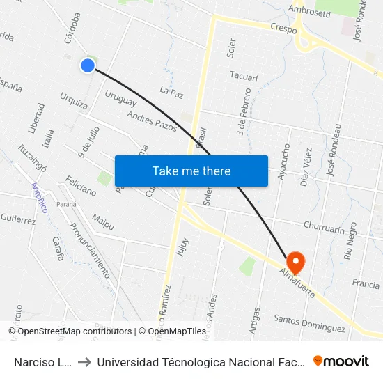 Narciso Laprida, 53 to Universidad Técnologica Nacional Facultad Regional Paraná (Utn Frp) map