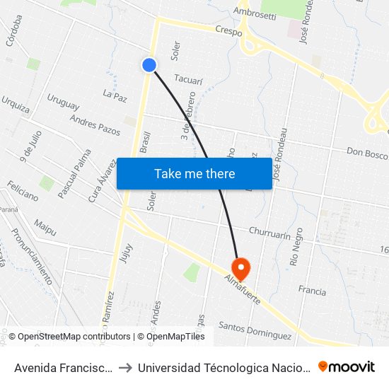 Avenida Francisco Ramírez, 1101-1199 to Universidad Técnologica Nacional Facultad Regional Paraná (Utn Frp) map