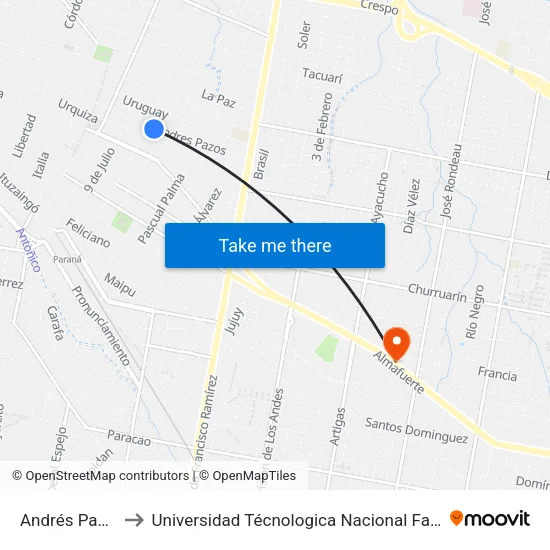 Andrés Pazos, 302-400 to Universidad Técnologica Nacional Facultad Regional Paraná (Utn Frp) map