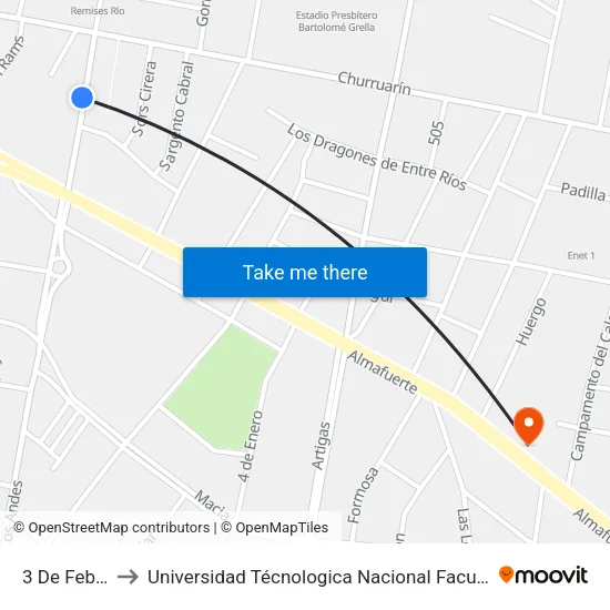3 De Febrero, 713 to Universidad Técnologica Nacional Facultad Regional Paraná (Utn Frp) map