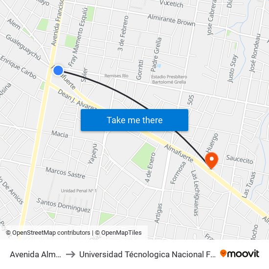 Avenida Almafuerte, 33-55 to Universidad Técnologica Nacional Facultad Regional Paraná (Utn Frp) map