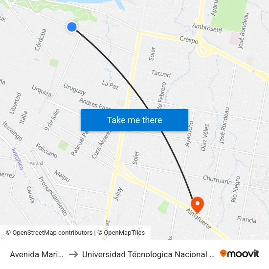 Avenida Mariano Moreno, 10 to Universidad Técnologica Nacional Facultad Regional Paraná (Utn Frp) map