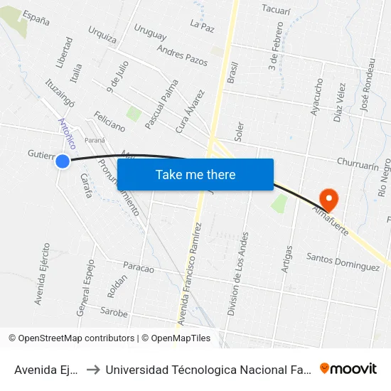 Avenida Ejercito, 1501 to Universidad Técnologica Nacional Facultad Regional Paraná (Utn Frp) map
