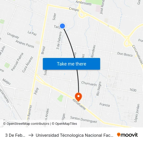 3 De Febrero, 2180 to Universidad Técnologica Nacional Facultad Regional Paraná (Utn Frp) map