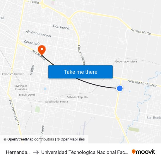 Hernandarias, 5127 to Universidad Técnologica Nacional Facultad Regional Paraná (Utn Frp) map