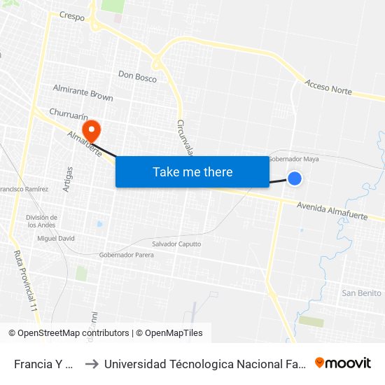 Francia Y De La Sortija to Universidad Técnologica Nacional Facultad Regional Paraná (Utn Frp) map