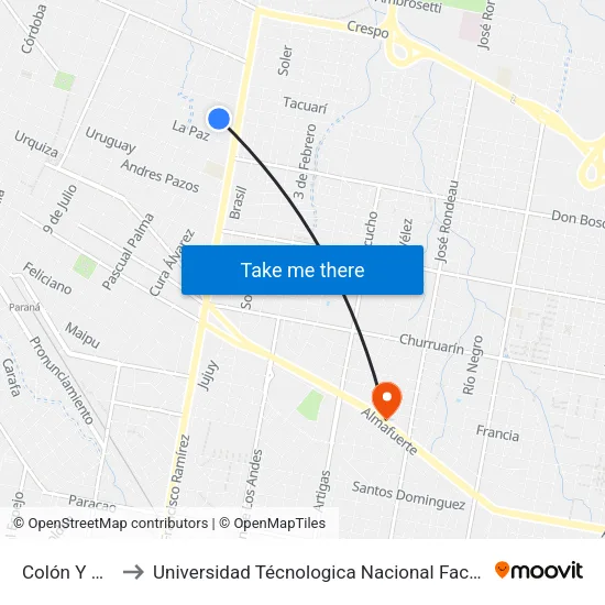 Colón Y Santa Cruz to Universidad Técnologica Nacional Facultad Regional Paraná (Utn Frp) map