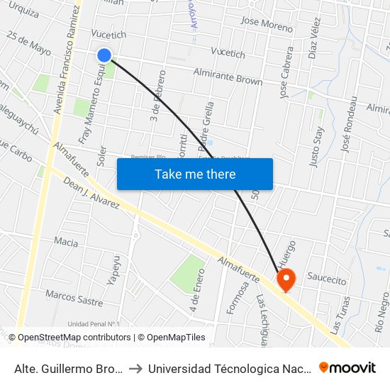 Alte. Guillermo Brown Y Fray Mamerto Esquiú to Universidad Técnologica Nacional Facultad Regional Paraná (Utn Frp) map