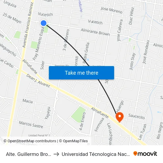 Alte. Guillermo Brown Y Fray Mamerto Esquiú to Universidad Técnologica Nacional Facultad Regional Paraná (Utn Frp) map